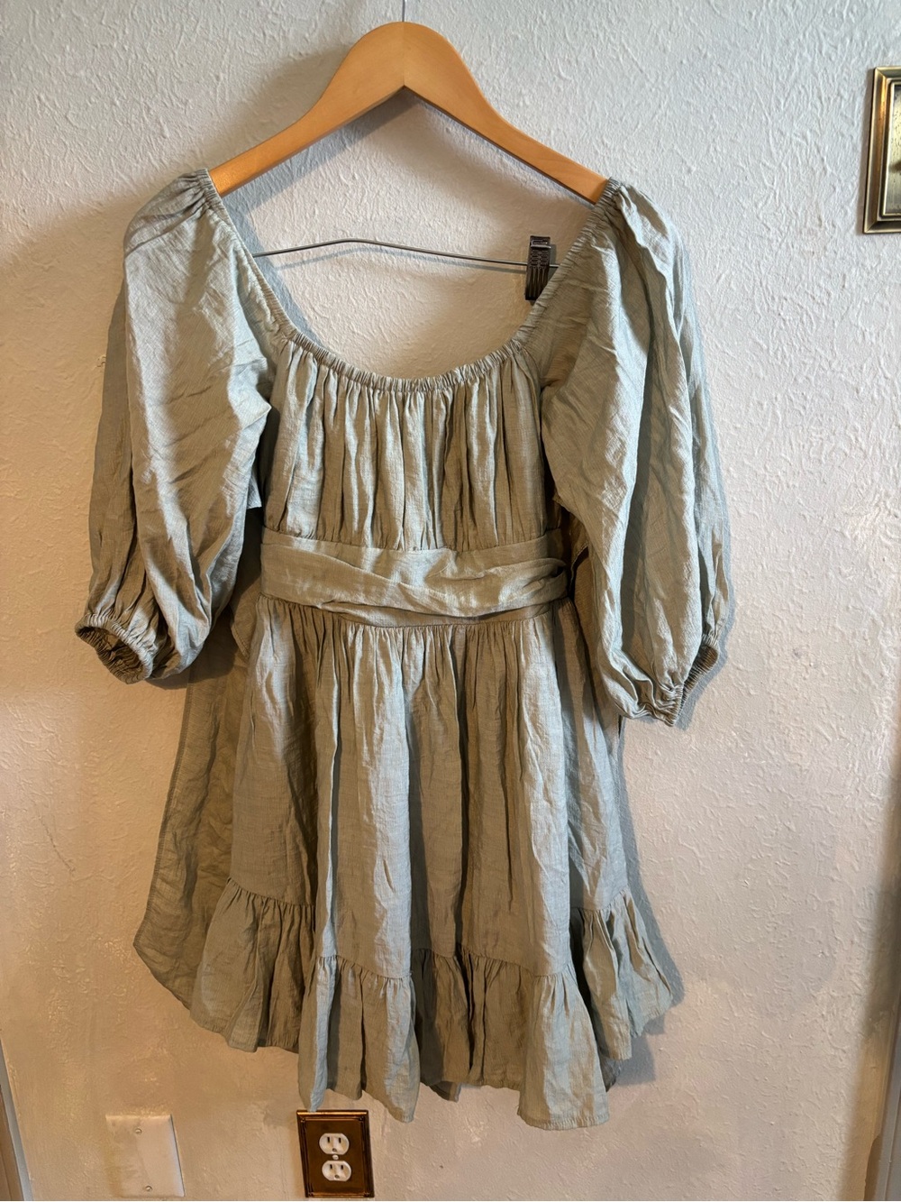 Sage Green Puff-Sleeve Mini Dress with Gathered Waist